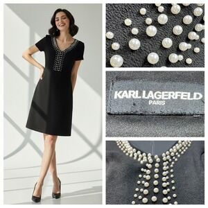 Karl Lagerfeld Paris Dress Black Pearl Embellished Fit Flare Small Old Money